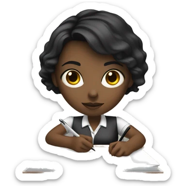 white woman with short black hair writing  a notebook on a desk sticker