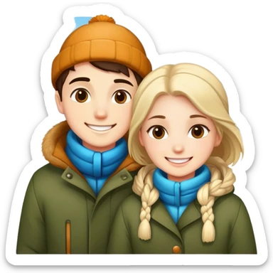 Boy and girl smiling outdoors in winter sticker