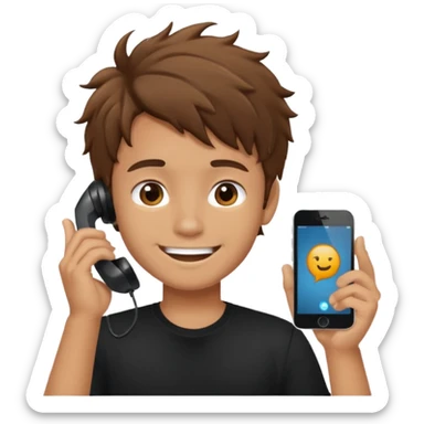 generate a pretty tan bratz boy with brown messy hair smiling while talking on call. Wearing a black tshirt sticker