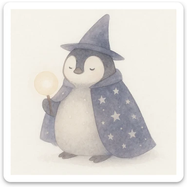 a chubby penguin wizard with a starry cloak and a glowing orb, in a soft, painterly style, watercolor art style sticker