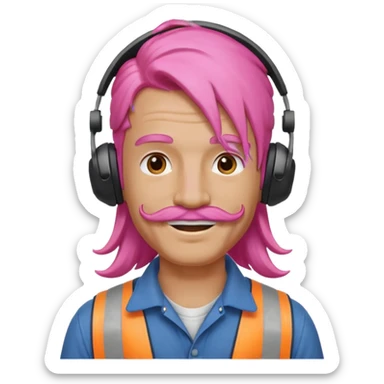 construction worker with long pink hair and headphones and mustache sticker
