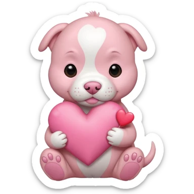 Pink pitbull puppy holding a heart sticker
