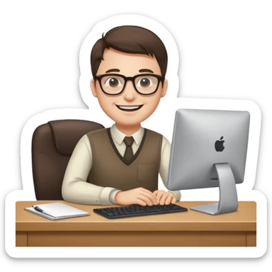 happy man at desk with computer, grinning sticker