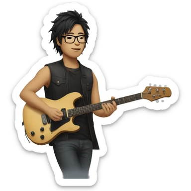 guitarist with glasses and guitar asian. hair should be fluffy  sticker