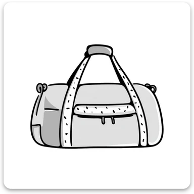 A sports duffel bag with straps and pockets in pastel colors (dd9fb0, ffc6d3, a3bfc9, c4bee2, f1b091), hand-drawn doodle style sticker