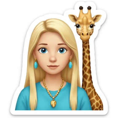 Swedish girl blonde long straigt hair blue eyes turqoise shirt gold earings girrafe necklace gold small sticker