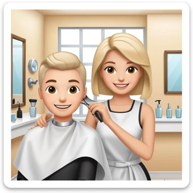 happy woman getting a haircut in a welcoming salon, both client and hairstylist smiling, no threatening elements sticker