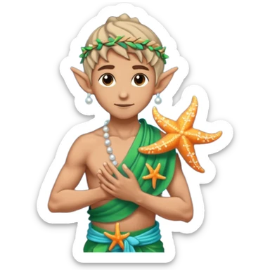 elf male Sarong with bioluminescent embroidery, armful of starfish, hair in a braid with pearl pins, pixel art style sticker