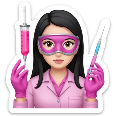 laboratorista con guantes rosa y mascarilla rosa jeringa tubo laboratorio sin lentes y ojos negros cabello largo negro color ojos oscuro color y cabello largo lacio guantes camisa y maascarilla mismo color sticker