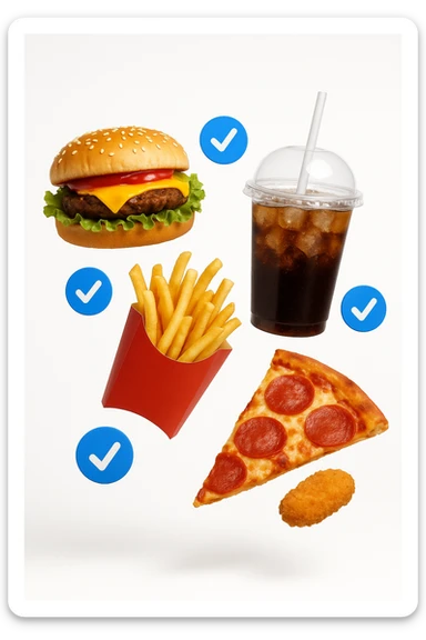 fast food realistico fluttua in aria insieme a spunte di verificato in 3d, sfondo bianco sticker