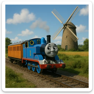 Thomas the Tank Engine pulling Annie and Clarabelle near a windmill, TV show style, blue train, orange and cream coaches, realistic background, no text sticker