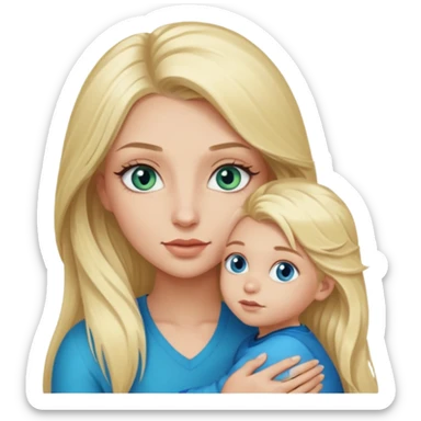 blonde baddie girl  with blue-green eyes, Long lashes, long hair, Holding her little Boy   ,with blue eyes sticker