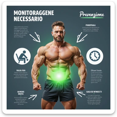 realistic infographic in Italian: bodybuilder with lower torso highlighted by green halo, arrows pointing to 'Monitoraggio necessario' and 'Prevenzione', attention icons, medical style, white background sticker