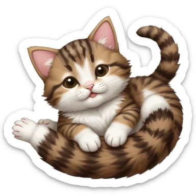 dark brown tabby and white kitten with his eyes closed whilst in funny positions stretched out and  upside down sticker