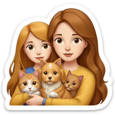 Woman with long brown hair holding a golden retriever dog and three cats sticker