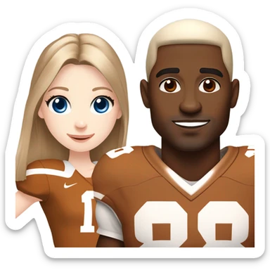 Beautiful girl, pale skin, blue eyes, long straight beautiful light brown hair, wearing Texas Longhorn football cheerleading uniform, standing next to handsome black man wearing Texas longhorn football jersey sticker