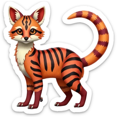 Rare realistic red burgundy sanguine orange black gradients lush tropical exotic cute epic pretty beautiful handsome gorgeous aesthetic colorful vibrant Vernid-Protogen-Primagen-Wickerbeast-Genet-Trico-species-Fakemon-hybrid-creature by LiLaiRa, beautiful intricate markings, full body sticker