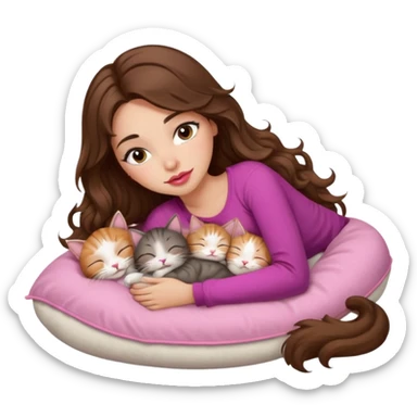 girl with long wavy brown hair, brown eyes, long lashes makeup, sexy pink lips, light to medium complexion, sleeping on a cozy pillow, with 6 cute cats, sleeping sticker