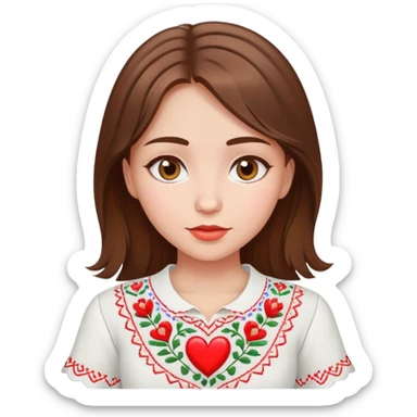 beautiful young girl with brown hair wearing a white Ukrainian embroidered shirt with a big heart design sticker