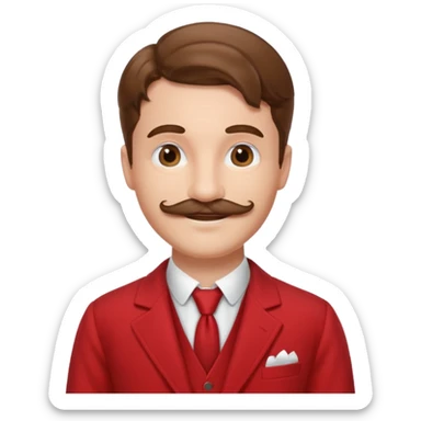 brown haired man with chaplin-mustache and red suit sticker