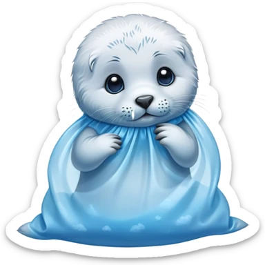 Baby seal sniffing blue powder in the plastic bag  sticker