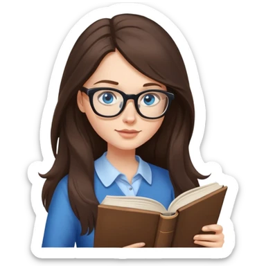 Long hair brunette woman with blue eyes and glasses reading a book sticker