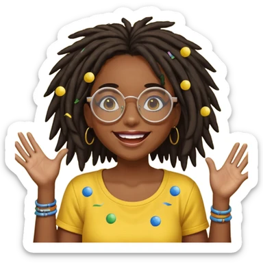 darker skin female with dark dreadlock hair wearing large round glasses and a yellow top celebrating with confetti sticker