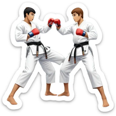 Two taekwondo fighters in traditional white doboks with black belts compete in a dynamic match. One executes a high spinning kick, while the other blocks skillfully. The background features a professional arena with bright lights and spectators. Transparent background. sticker
