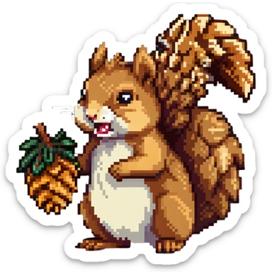 Greedy squirrel with big pine cone on head, weird creepy expression, hungry looking sticker