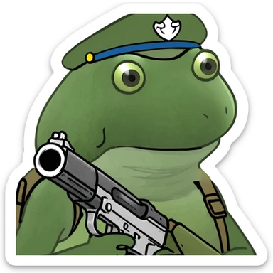 A frog with a blank eyes, holding a rifle with a green helmet and a green vest sticker