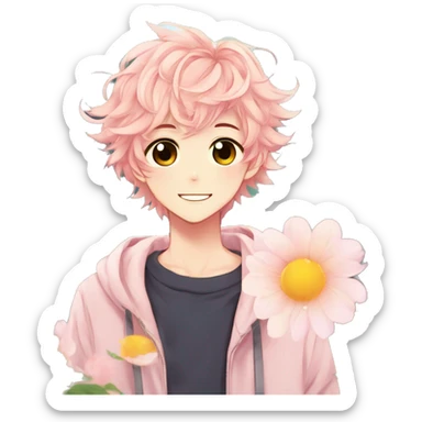 Gorgeous bright sparkly anime style shojo guy with blushing face and flowers aesthetic trending style outside sticker