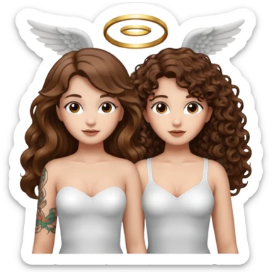 fake angel pose — long wavy brown hair tattooed woman and short tight curly brown hair woman — halo sparkle sticker