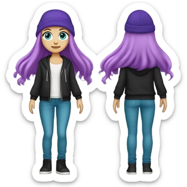 White girl, blue eyes, long teal hair, purple beanie hat, black hoodie, blue jeans, black shoes sticker