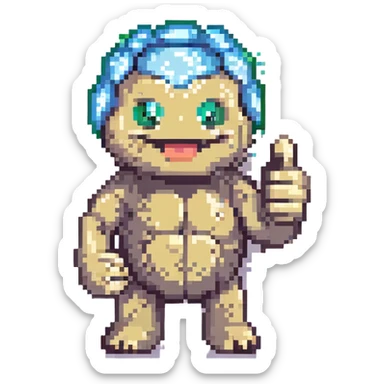 pixel art Geodude smiling, giving a thumbs up, retro 8-bit look sticker