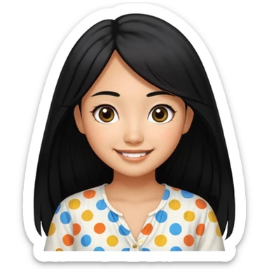 20 yr old asian woman hair white blouse with black dots center part big eyes big smile tanned skin straight black hair hippie part hair  sticker