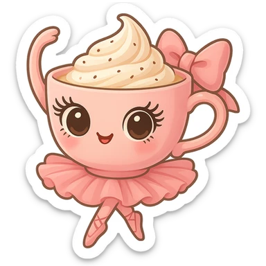 A pink teacup is dancing ballet. It has strange big eyes on it and a big pink bow on the handle. sticker