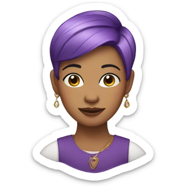 A woman with short purple hair. With an earring in the center of the nose and ear sticker
