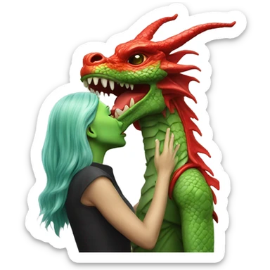 Photo realistic, alien female green, kissing on red china dragon sticker