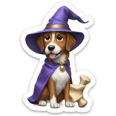 a dog with a bone and a wizard hat sticker