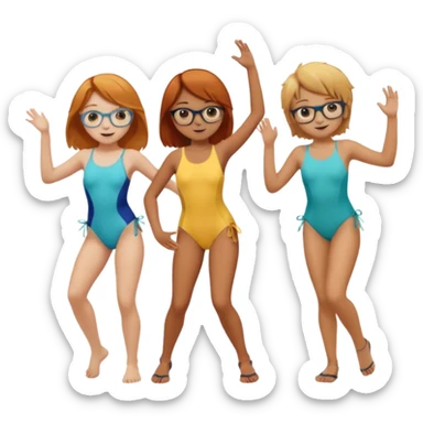 3 girls ( one ginger , one blond and one dark blond)  and 1 boy ( brown hair with fond glasses ) dancing at the beach  sticker