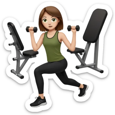 Girl with green eyes, brown hair, light skin, and freckles wearing an olive green top with black leggings working out sticker