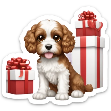 Brown and white cavapoo dog and gift box sticker