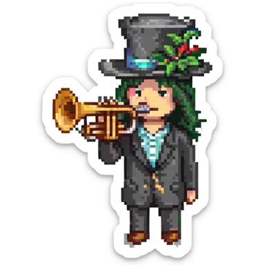 character with a black hat and a trumpet sticker
