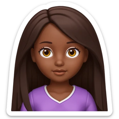 Boneca digital em estilo 3D realista e fofo, semelhante a uma boneca colecionável. Mulher jovem com pele negra, olhos castanhos escuros, cabelo liso cor chocolate, longo e bem alinhado.  sticker