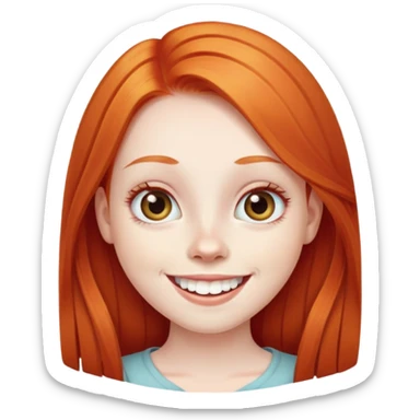 traditional simple emoji of young girl with very pale skin, long straight bright ginger red hair, big eyes, big smile with teeth showing, classic round face sticker