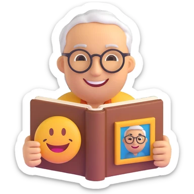 3D smiley emoji, round shape, grandfather with a photo album, brown color, smiling face sticker