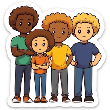 Group of diverse friends standing together, including a dark-skinned boy, a light-skinned blonde boy, a light-skinned girl with dark hair, a mixed-race girl with brown hair, a light-skinned person with curly hair, a mixed-race person with dark curly hair, and in the center a mixed-race person with wavy hair sticker