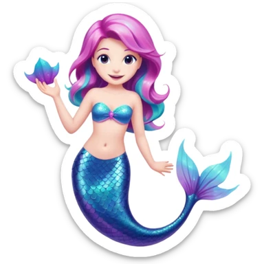 mermaid with a pastel pink, purple, and turquoise glitter tail, cheerful expression sticker
