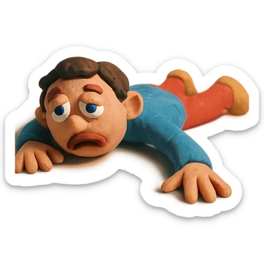 figure sprawled out, looking lethargic in claymation style sticker
