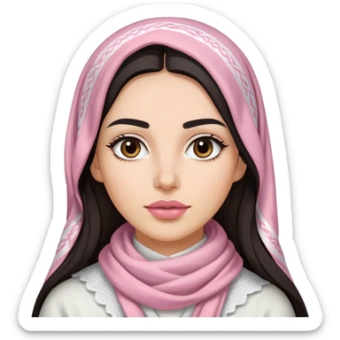 A woman with long, dark hair wears a traditional white keffiyeh, her makeup is well done, with defined eyebrows and soft pink lips  sticker